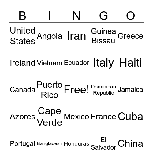 Multicultural Bingo Card