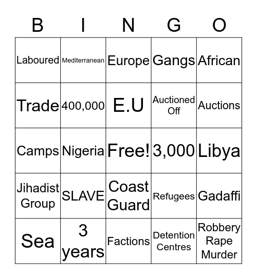Slave Trade Bingo Card
