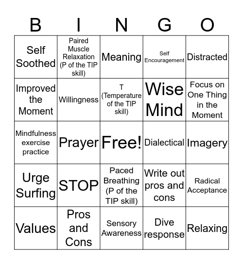 Distress Tolerance Bingo Card