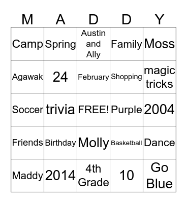 Maddy's Birthday Bingo Card