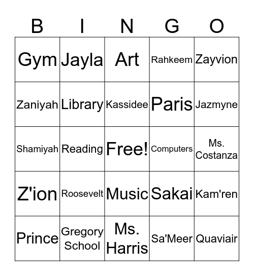 Ms Gary's Class Bingo Card