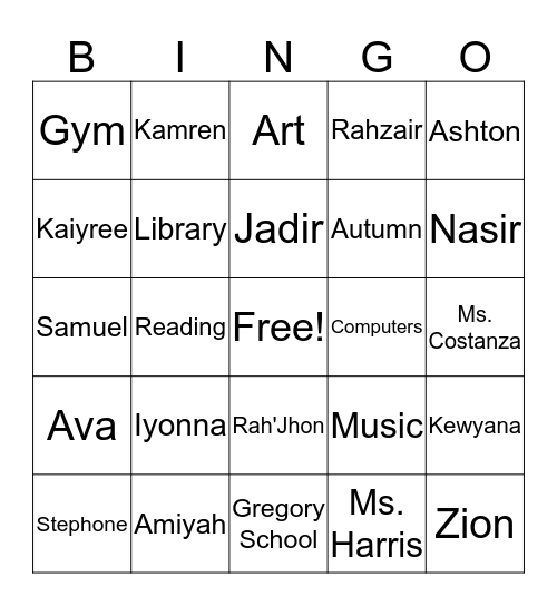Ms Dennis' Class Bingo Card