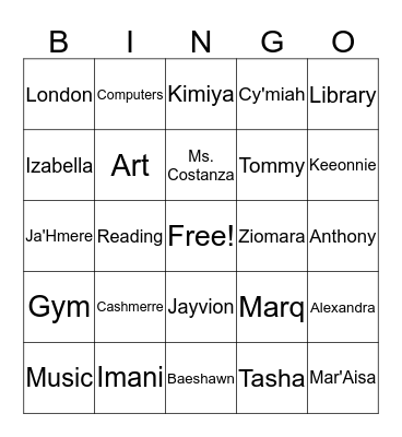 Ms McLaughlin's Class Bingo Card