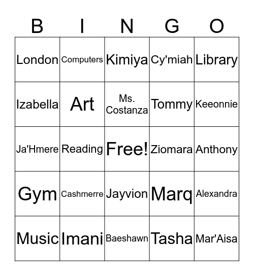 Ms McLaughlin's Class Bingo Card