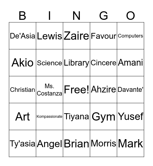 Ms Ross' Class Bingo Card