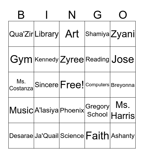 Ms Spencer's Class Bingo Card