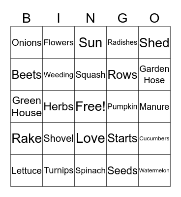 Gardening Bingo Card