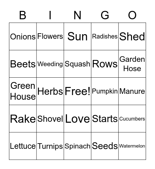 Gardening Bingo Card