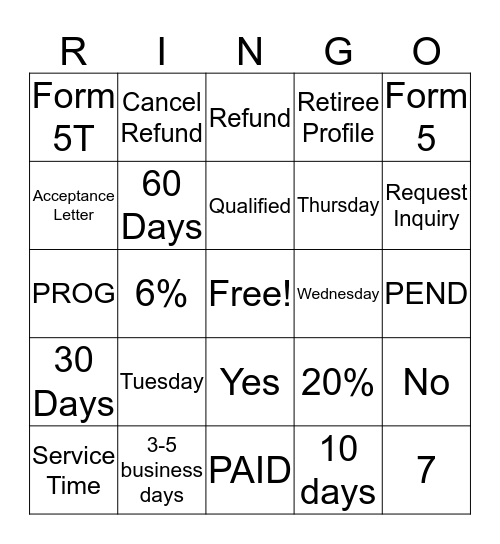 Refund Bingo!!! Bingo Card