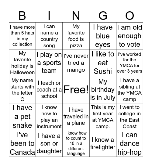 YMCA BINGO Scavenger Hunt Bingo Card