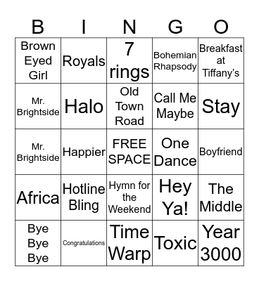 Song Bingo Card