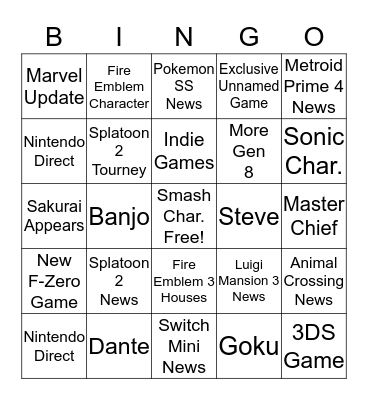 Nintendo E3 Bingo Card