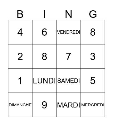 Les Jours de la semaine Bingo Card