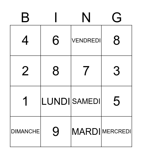 Les Jours de la semaine Bingo Card