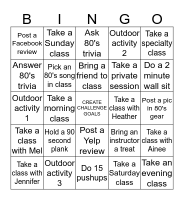 Archer Pilates 80's Fitness Challenge Bingo Card