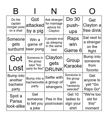 Clayton's Bachlor PARTY Bingo Card