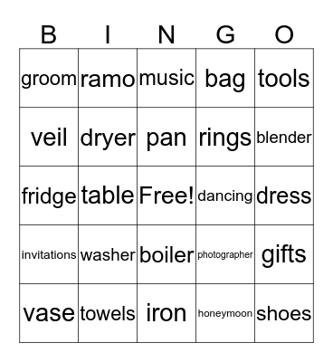 Bridal Shower Bingo Card