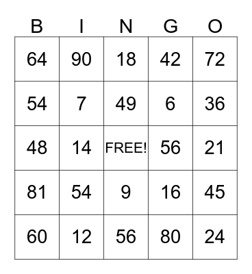 Multiplication 6-9 Bingo Card