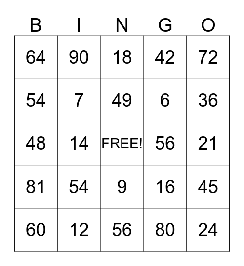 Multiplication 6-9 Bingo Card