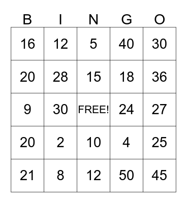 Multiplication 2-5 Bingo Card