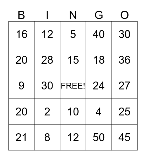 Multiplication 2-5 Bingo Card