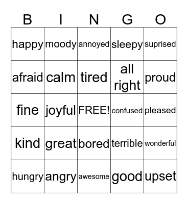 emotions/adjectives Bingo Card