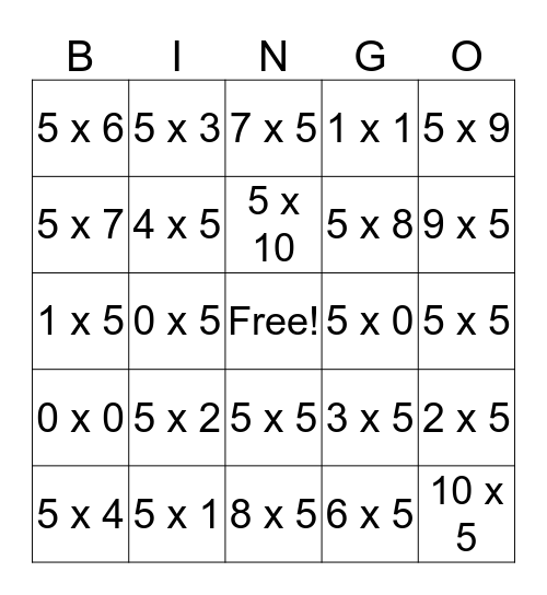 Multiplication Bingo Card