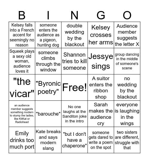 Improvised Jane Austen at iO Bingo Card