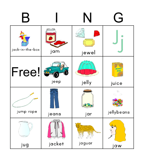 The Letter J Bingo Card