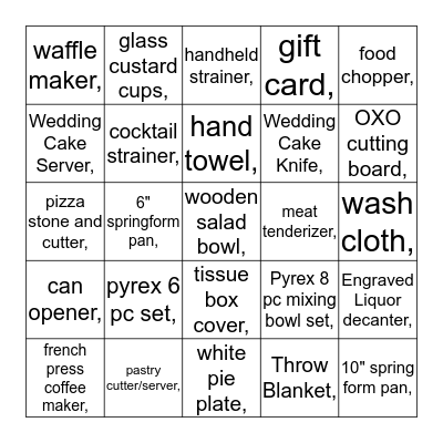 Wedding Shower Gift Bingo Card