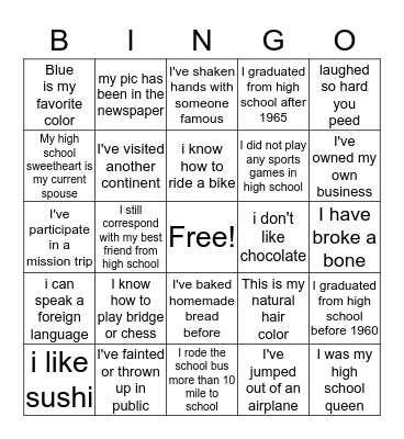 life experience bingo Card