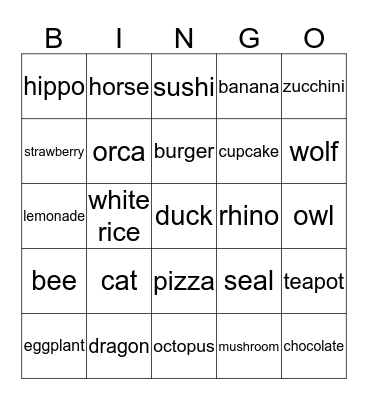 Food & Animals Bingo Card