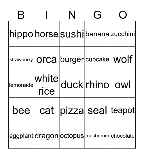 Food & Animals Bingo Card