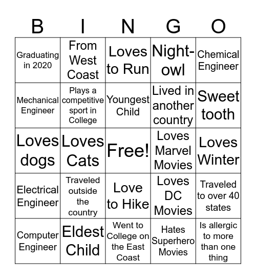 Get to know Me Bingo Card