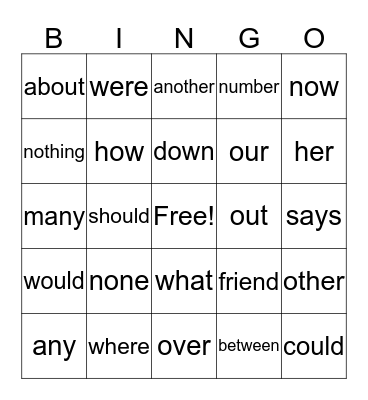 Trick Words Bingo Card