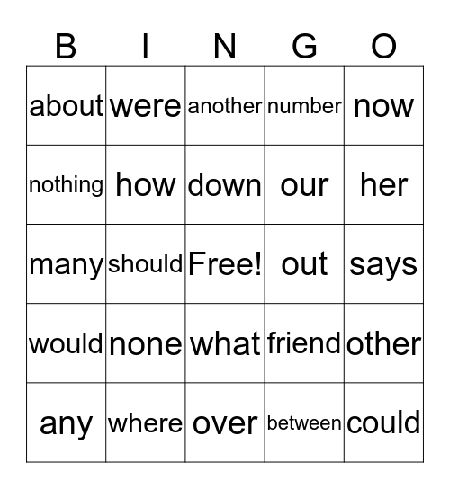 Trick Words Bingo Card
