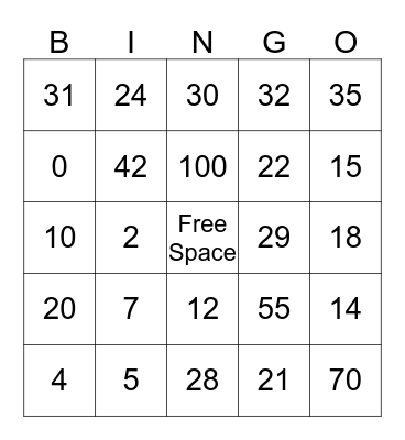 Numbers Bingo Card