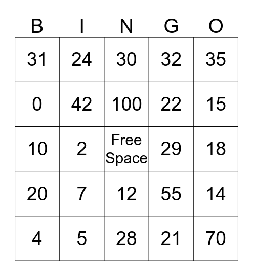 Numbers Bingo Card