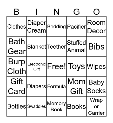 Miya's Baby Shower Gifts Bingo Card