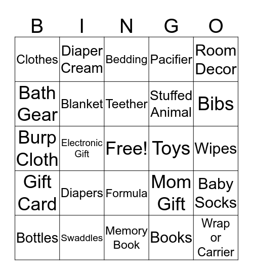 Miya's Baby Shower Gifts Bingo Card