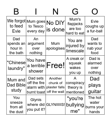 Staying at my parent's house Bingo Card