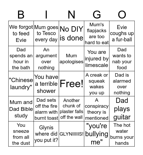 Staying at my parent's house Bingo Card