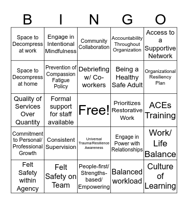 Resiliency Bingo Card