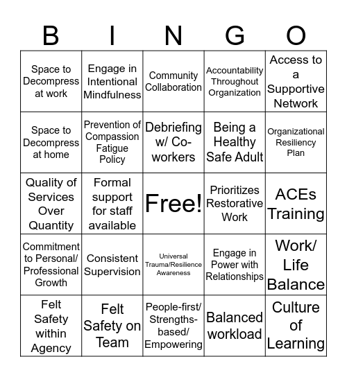 Resiliency Bingo Card