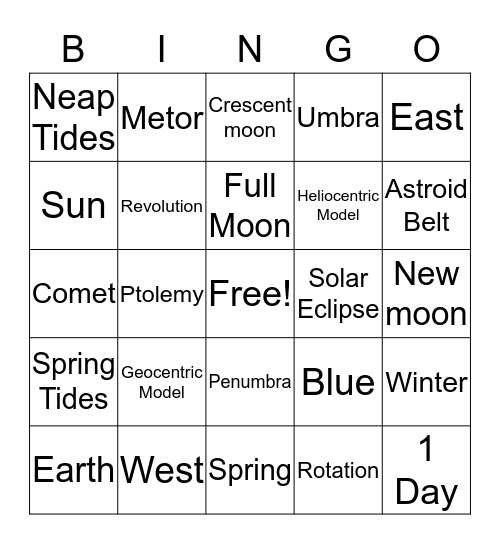 Astronomy Bingo Card