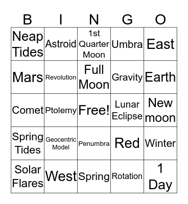 Astronomy Bingo Card