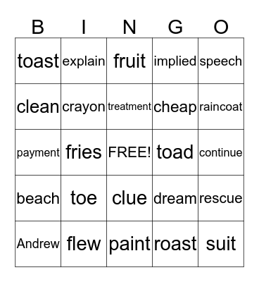 Action Reading Bingo Card