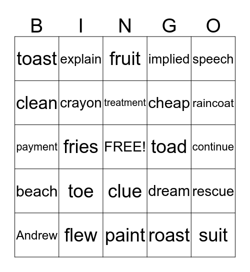 Action Reading Bingo Card