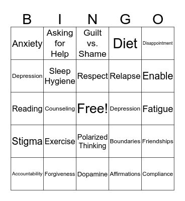 RECOVERY BINGO Card