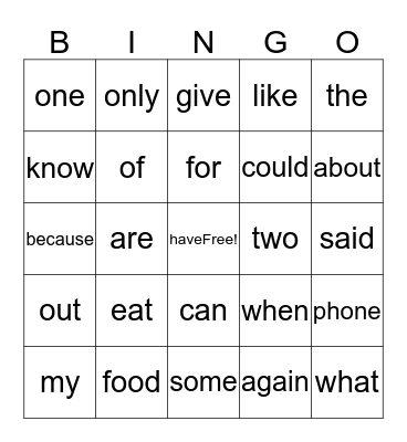 Sight Words Bingo Card